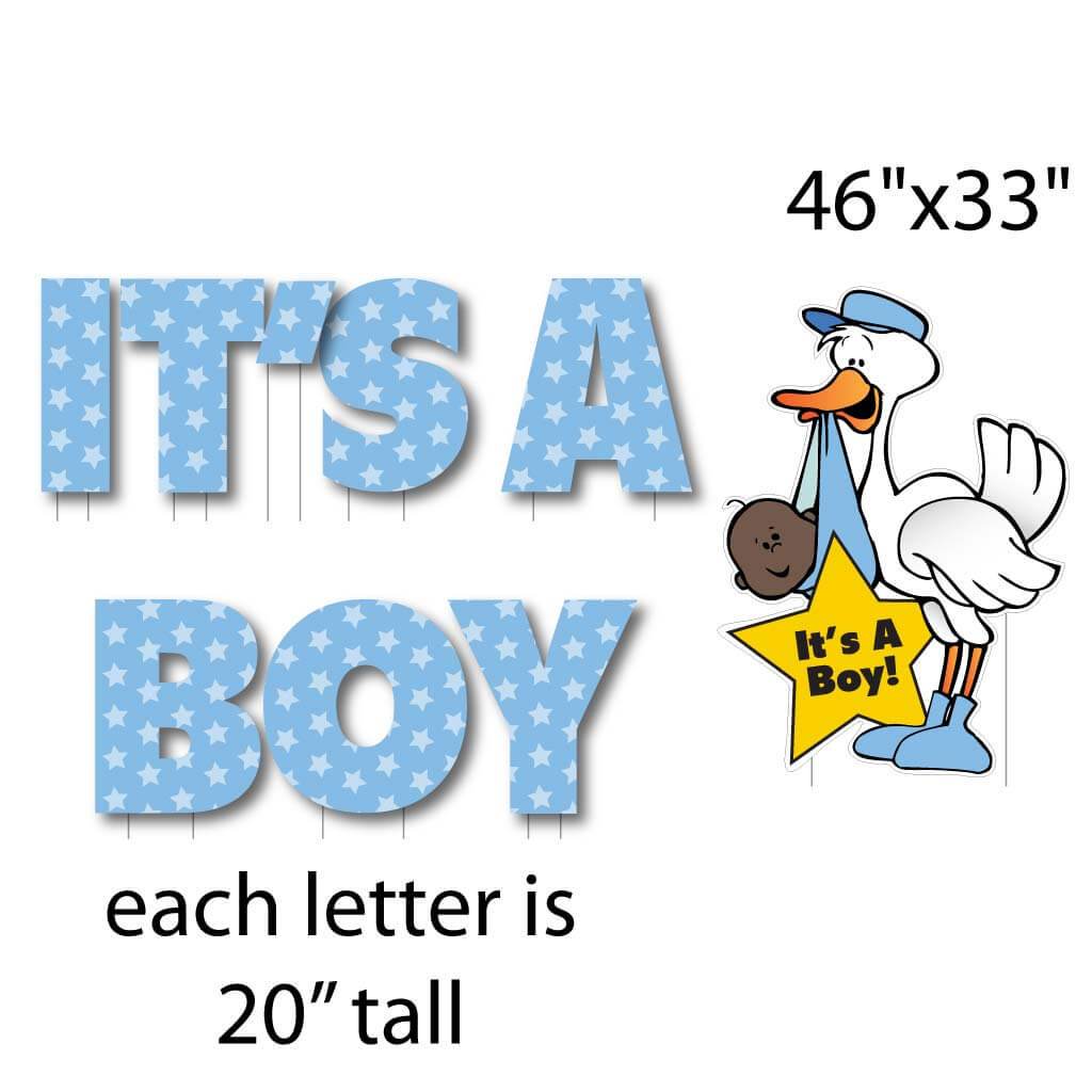 It's A Boy yard card announcement with stork