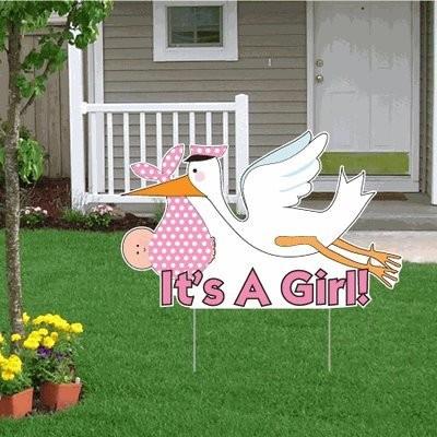 It's a Girl Die Cut Stork, Baby Announcement Yard Sign (Light Skin Tone) - FREE SHIPPING