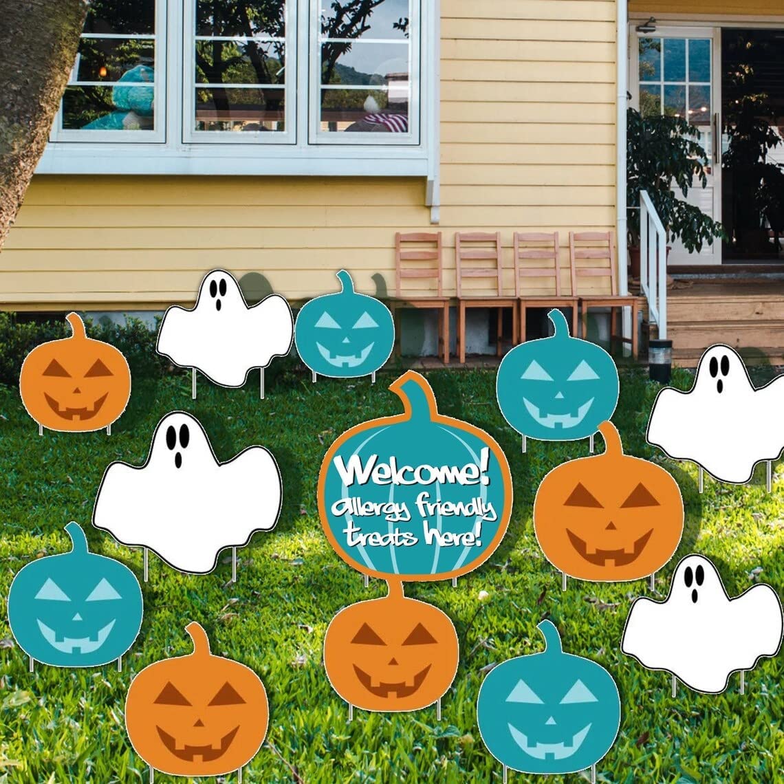 Allergy Friendly Halloween Ghosts & Teal Pumpkin Yard Decorations 13 pcs