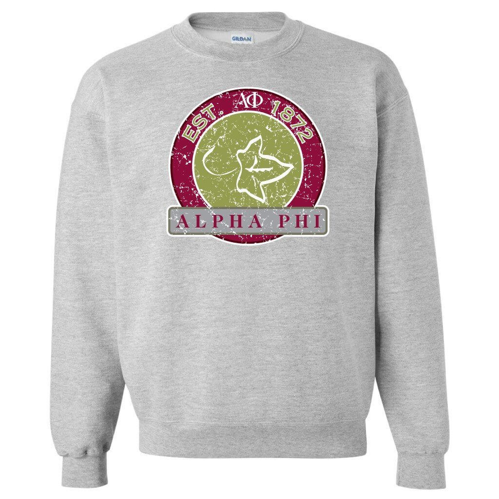 Alpha Phi Sport Gray Crewneck Sweatshirt Distressed Circle Design FREE SHIPPING