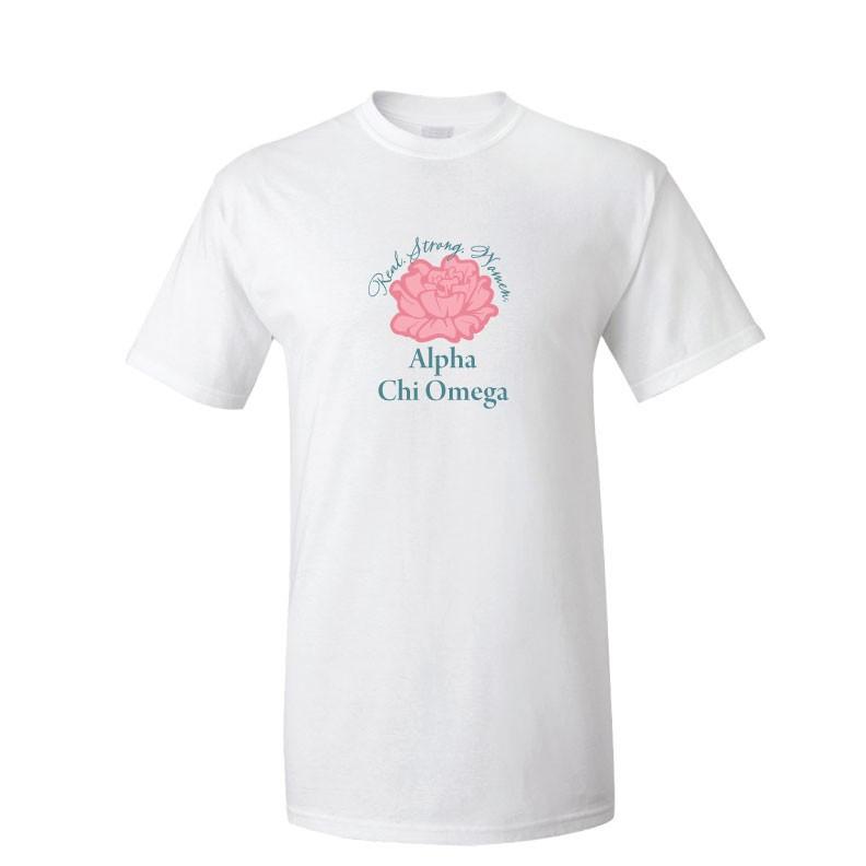 Alpha Chi Omega Real. Strong. Women. Carnation T-Shirt - FREE SHIPPING
