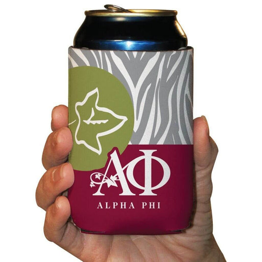 Alpha Phi Can Cooler Set of 6 - Gray Zebra Print - FREE SHIPPING