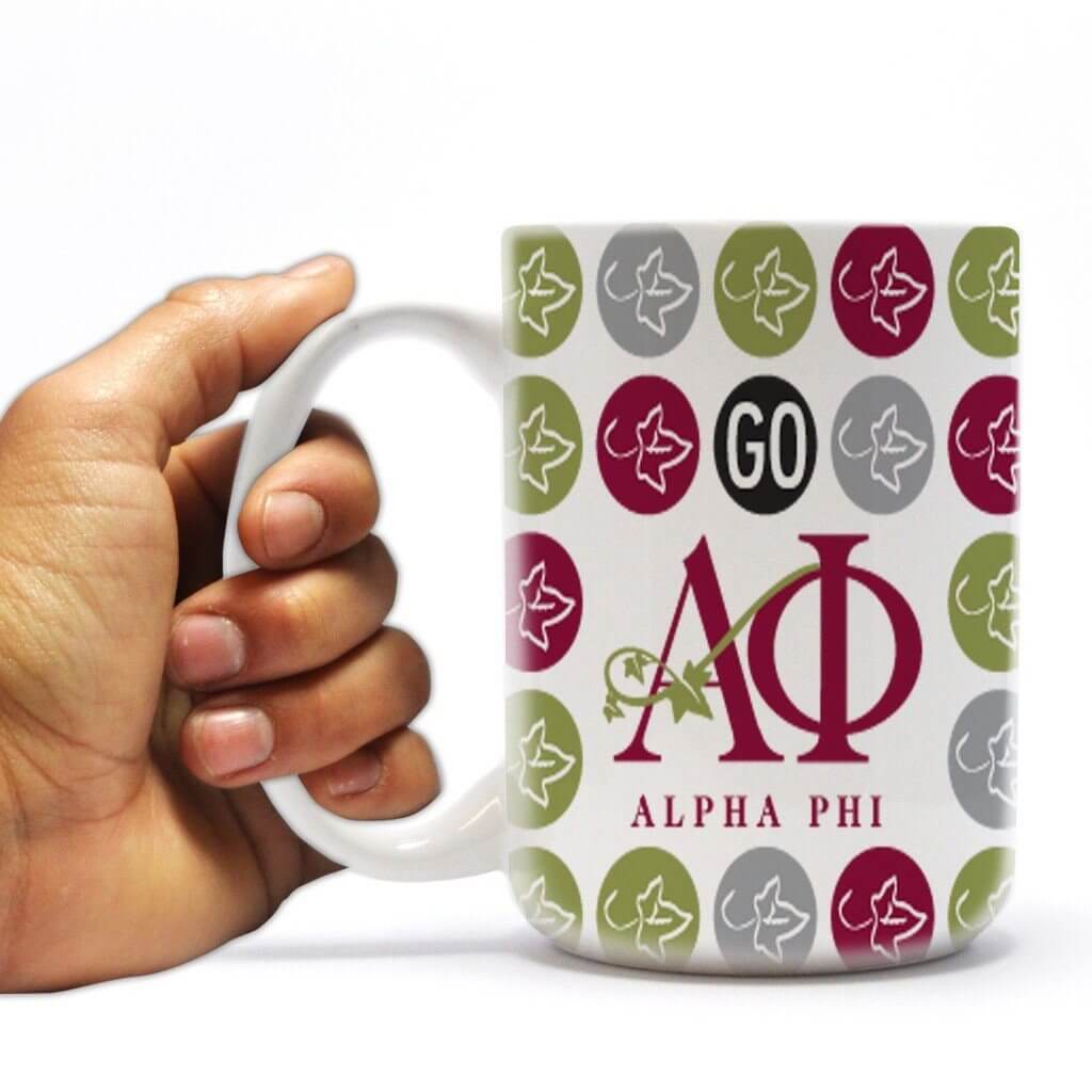 Alpha Phi 15oz Coffee Mug - Go Alpha Phi! Ivy Polka Dots