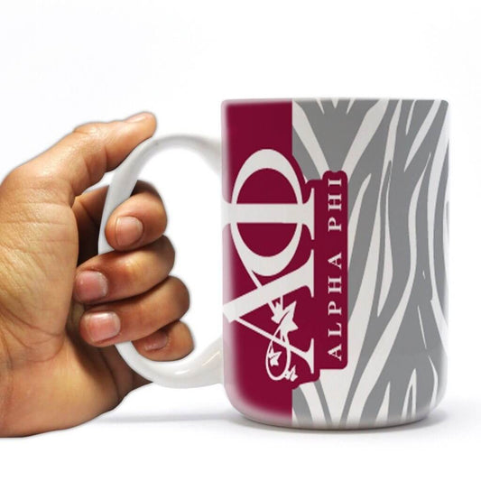 Alpha Phi 15oz Coffee Mug - Gray Zebra Print