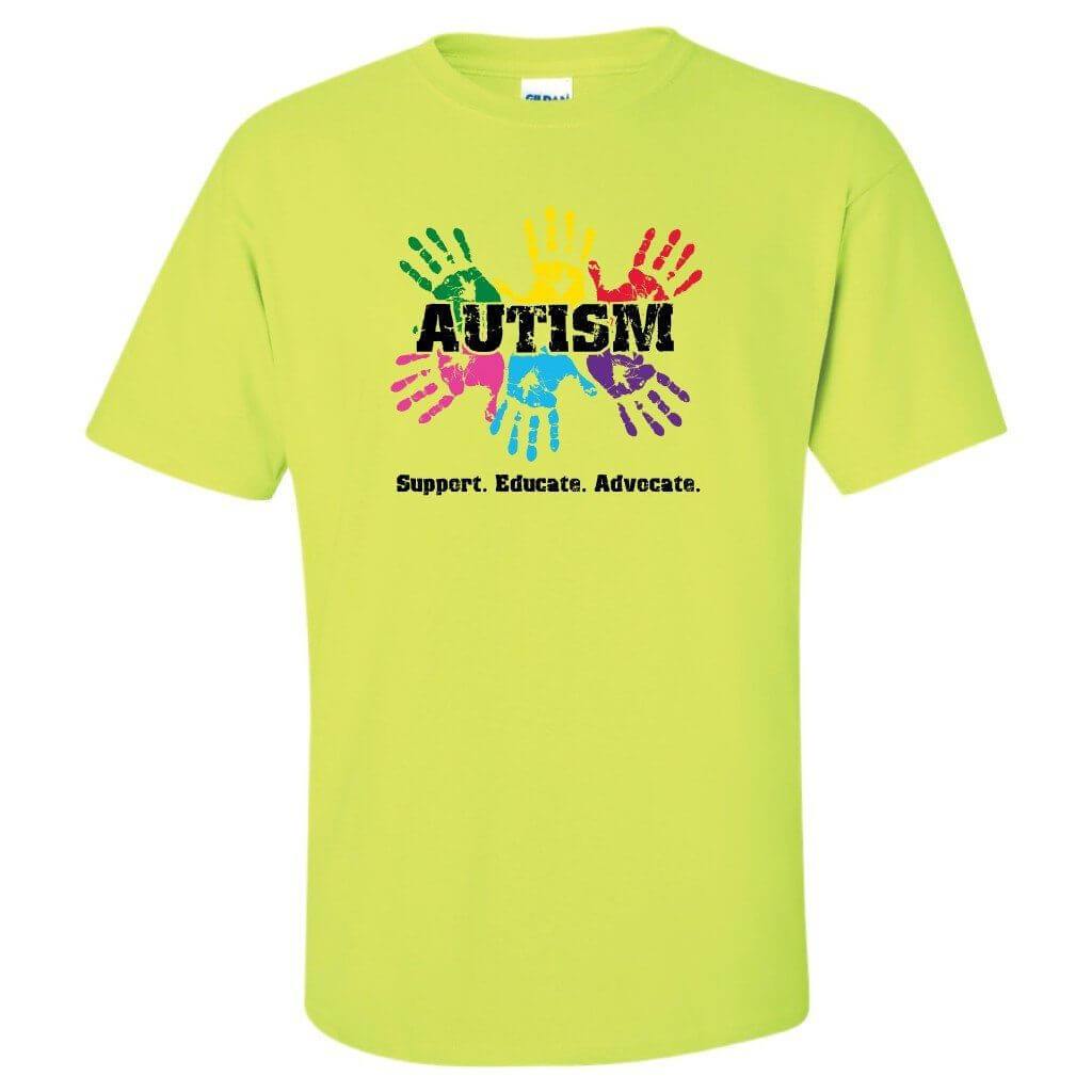 Autism Awareness Shirt 'Support, Educate, Advocate' Safety Green,