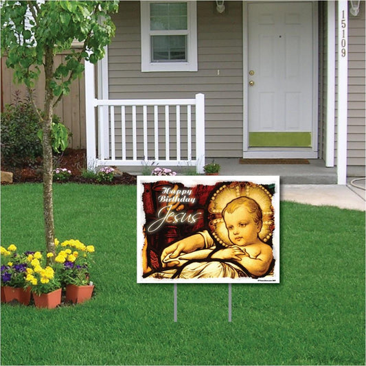 Happy Birthday Jesus (Stained Glass Window) Christmas Yard Sign - FREE SHIPPING