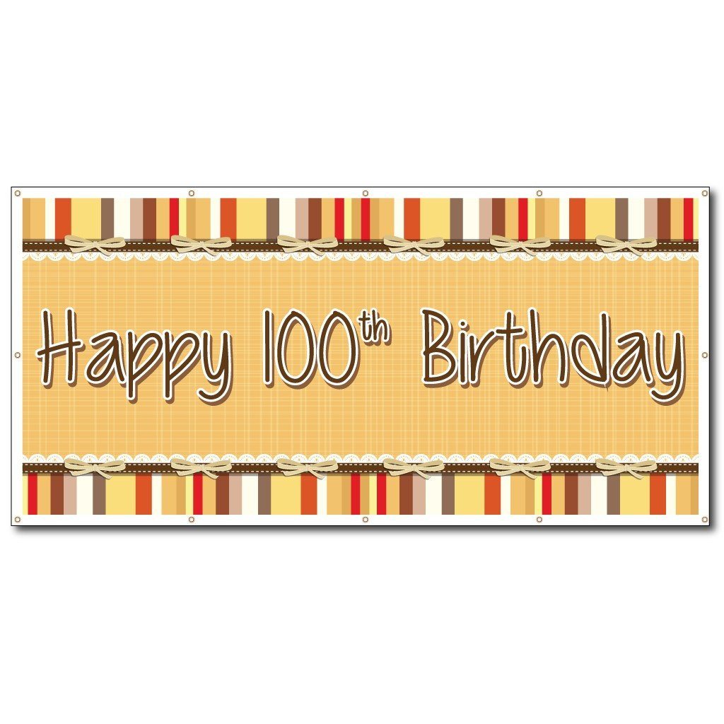 Happy 100th Birthday Bow and Stripes Pattern 2'x4' Vinyl Banner