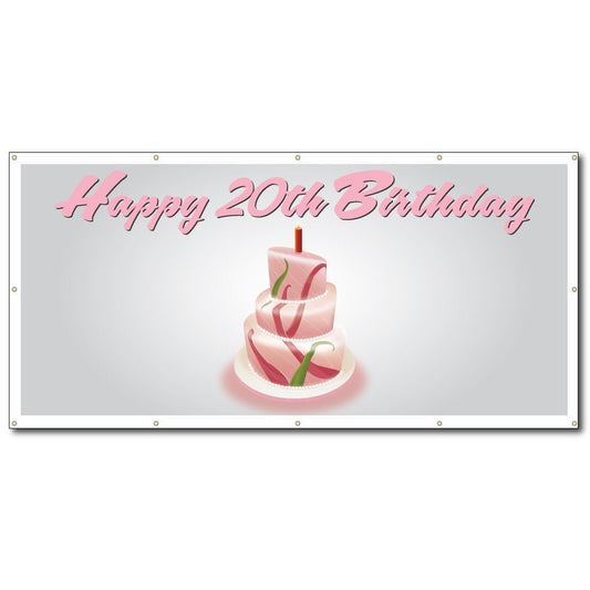 Happy 20th Birthday Cake - 3' x 6' Vinyl Banner