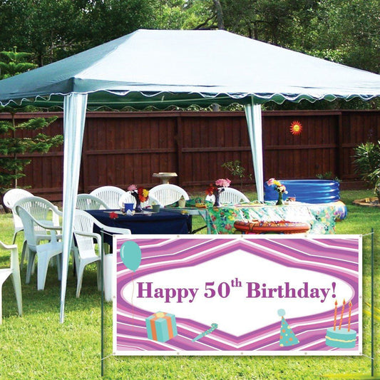 Happy 50th Birthday Purple Lines and Teal Icons 2'x4' Vinyl Banner