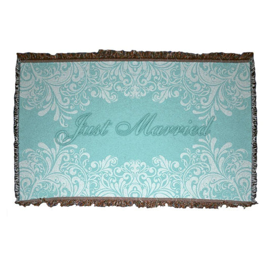 Wedding Themed Woven Blanket - "Just Married" Teal with White Scroll