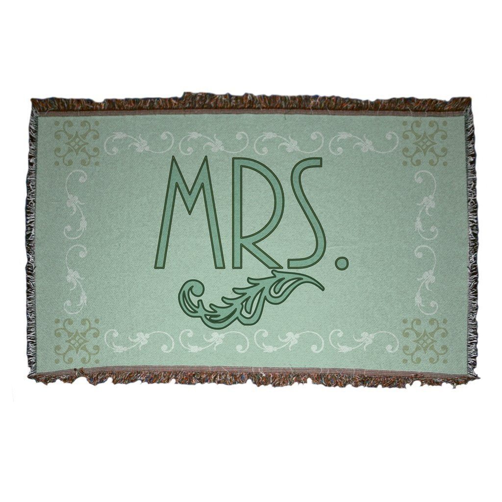 Wedding Themed Woven Blanket - "Mrs." - Green Vintage Inspired Design