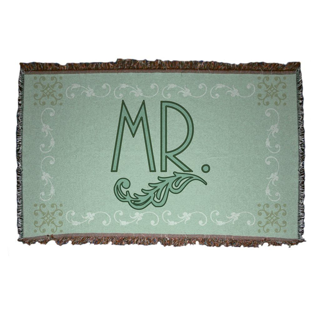 Wedding Themed Woven Blanket - "Mr." - Green Vintage Inspired Design