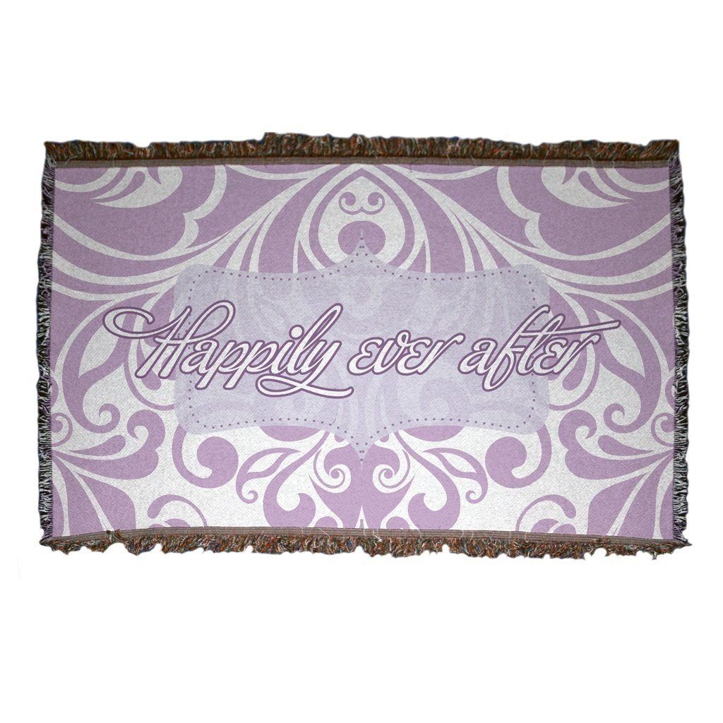 Wedding Themed Woven Blanket - "Happily Ever After" - White With Lilac