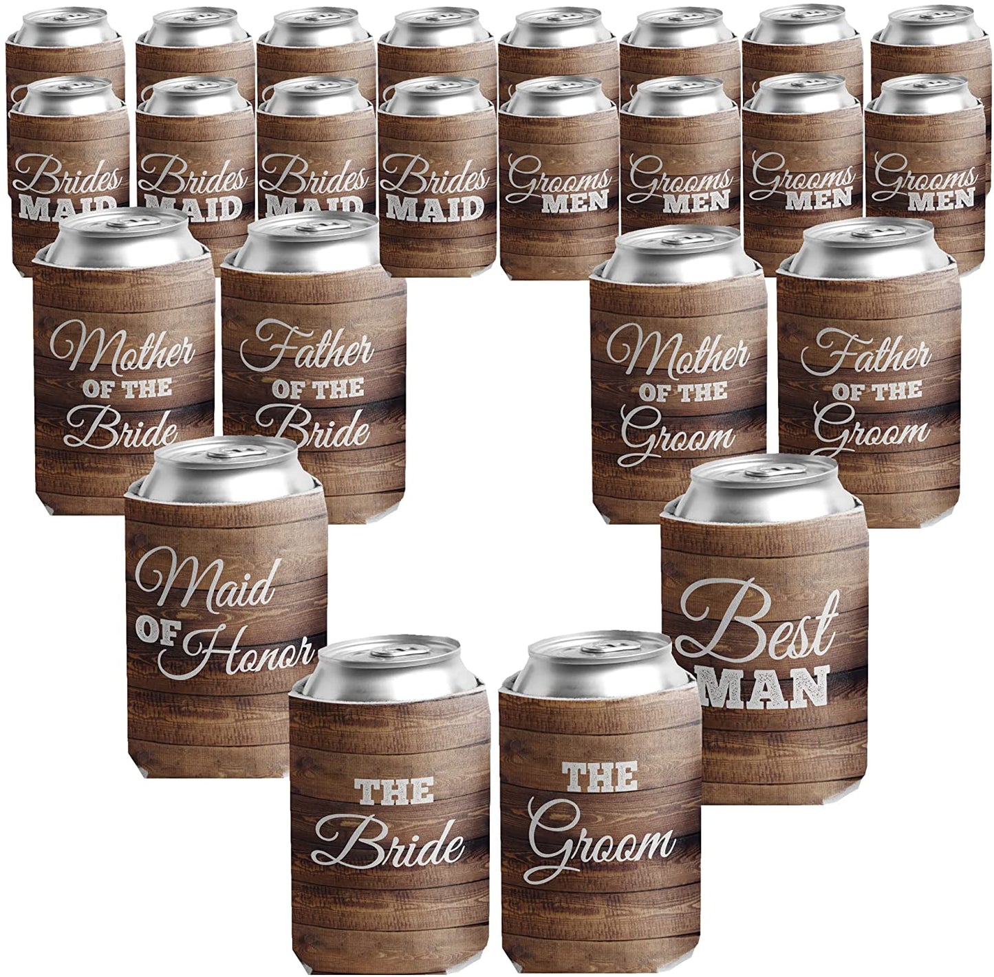 Brown Wood Wedding Party Can Coolers, Set of 24
