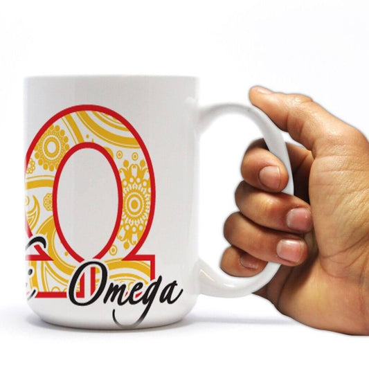 Chi Omega 15oz Coffee Mug “ Paisley Print Greek Letters