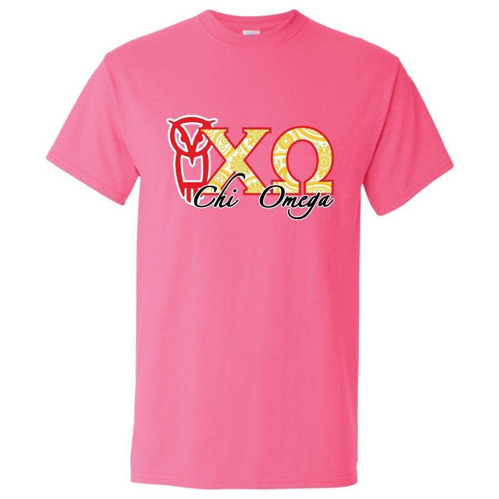 Chi Omega - Owl and Greek Letters Standard T-Shirt - FREE SHIPPING