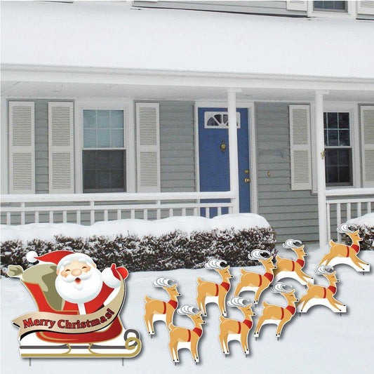 Merry Christmas! Santa and 9 Reindeer Lawn Decorations 10 pcs total - FREE SHIPPING