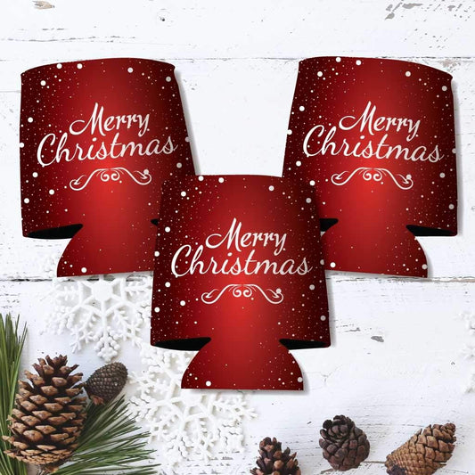 Christmas Can Coolers "Merry Christmas Red Snowfall" | Set of 6
