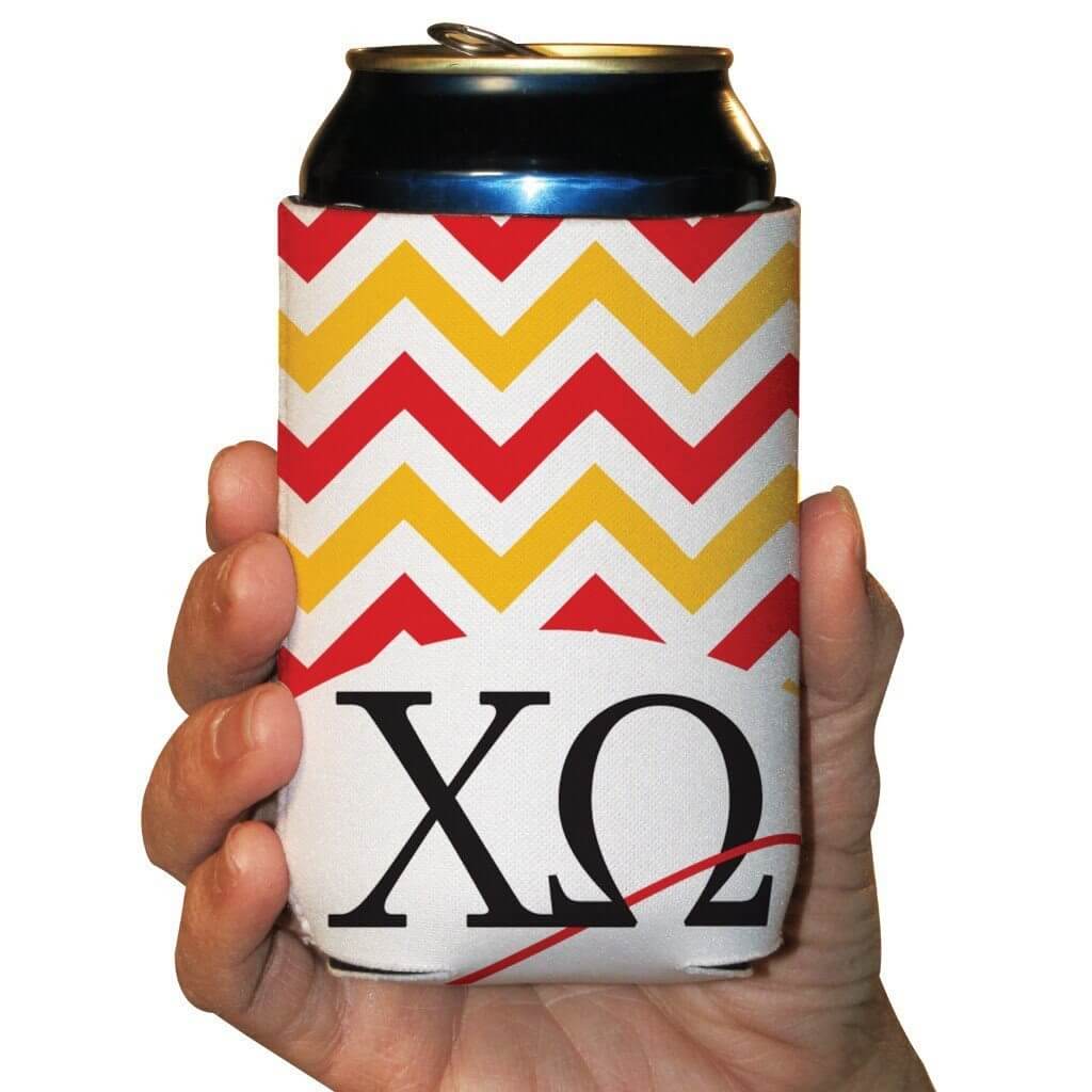 Chi Omega Can Cooler Set of 6 - Red and Yellow Chevron Stripes FREE SHIPPING