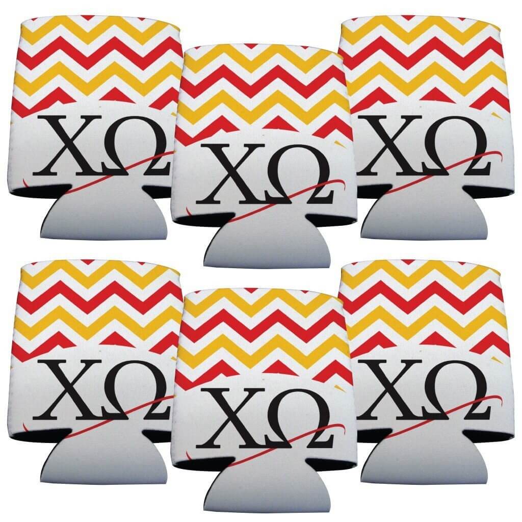 Chi Omega Can Cooler Set of 6 - Red and Yellow Chevron Stripes FREE SHIPPING