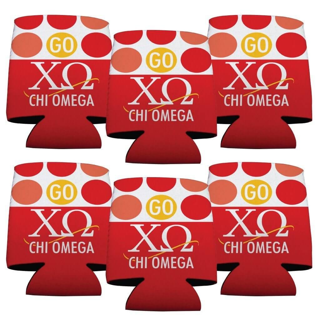 Chi Omega Can Cooler Set of 6 - Go Chi Omega! Polka Dots FREE SHIPPING