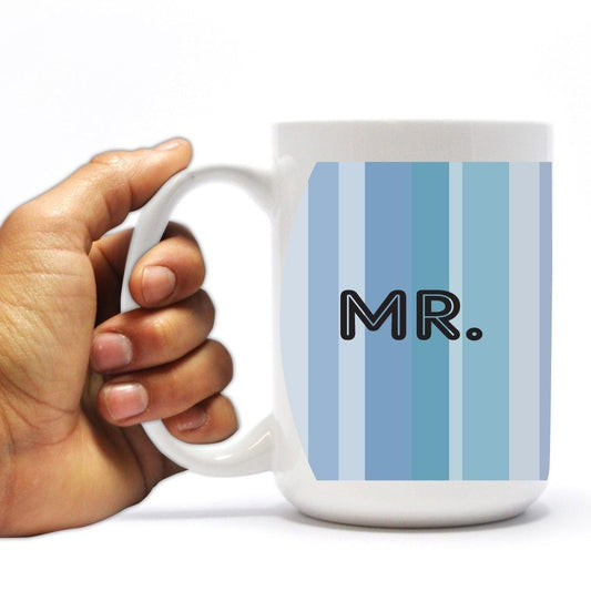Wedding Themed 15oz Coffee Mug - "Mr." - Blue Stripes Design