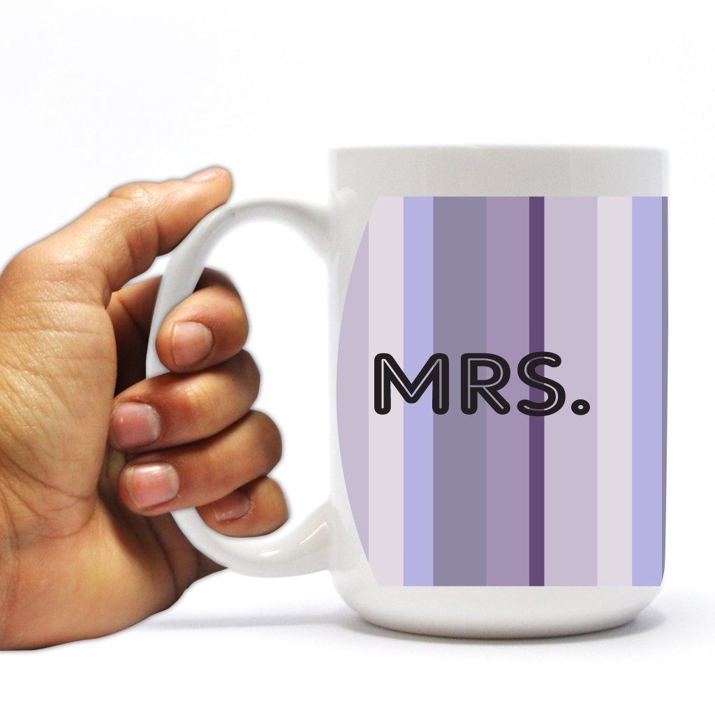Wedding Themed 15oz Coffee Mug - "Mrs." - Purple Stripes Design