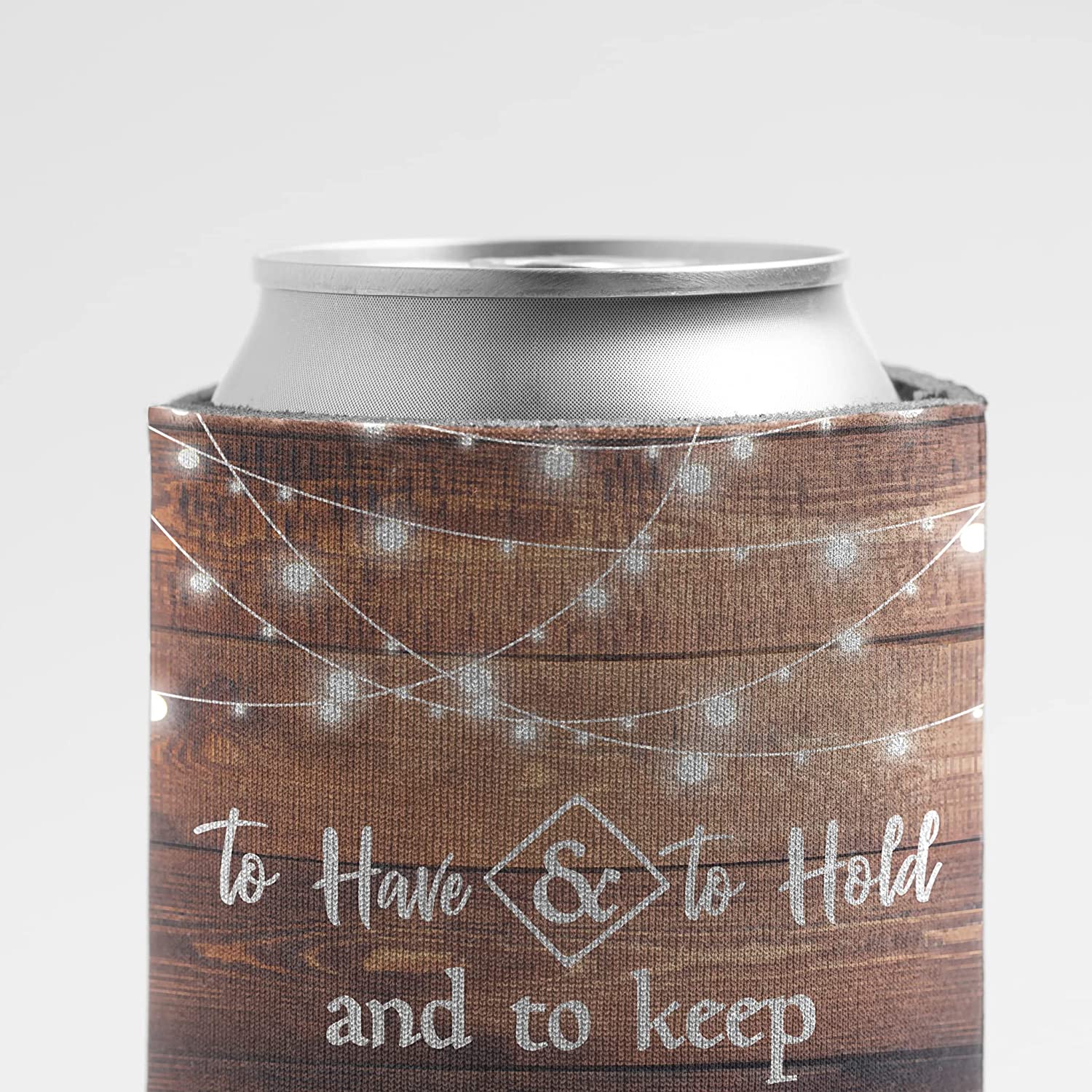Custom Brown Wood To Have and To Hold Wedding Can Coolers (20215)