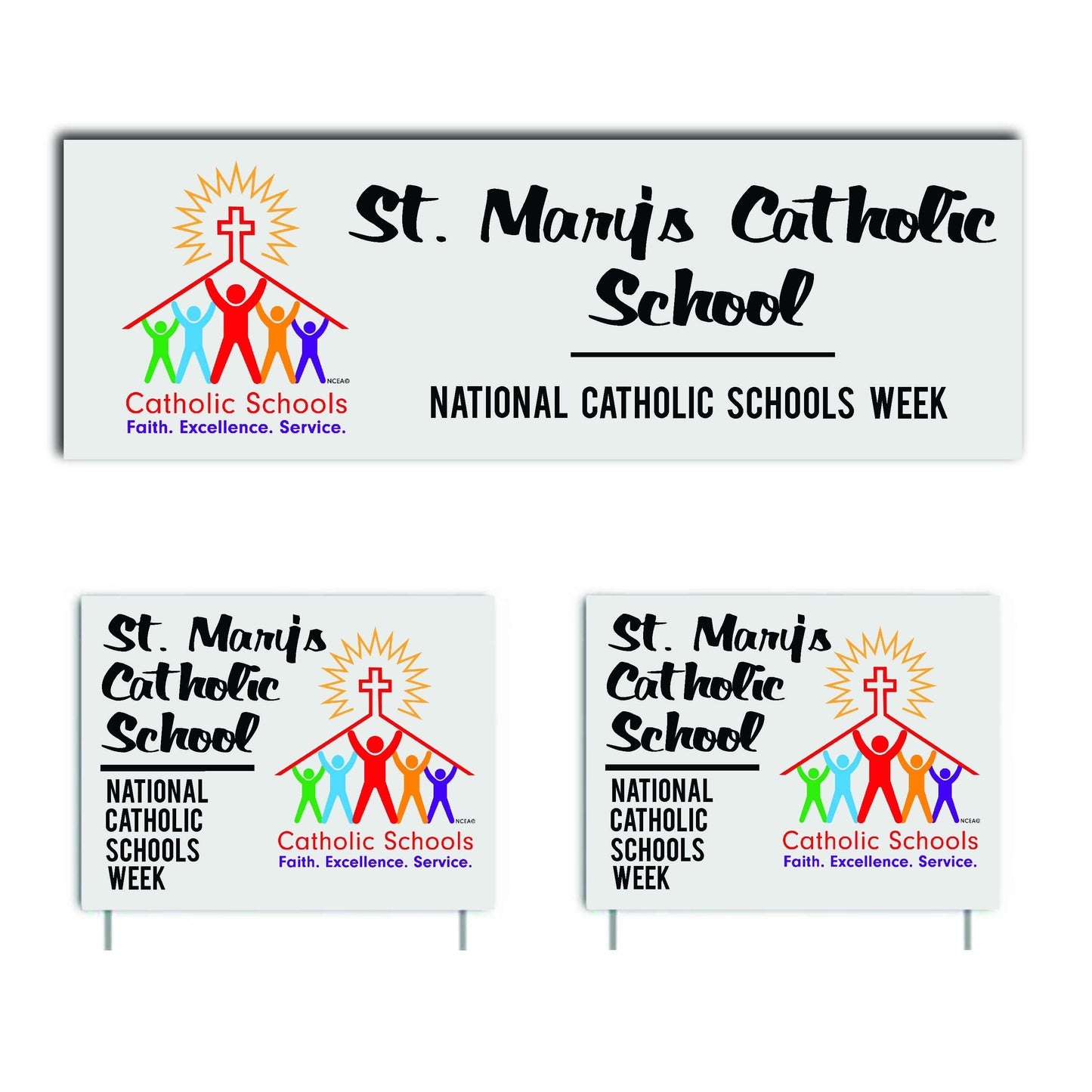 custom catholic schools week banner and signs