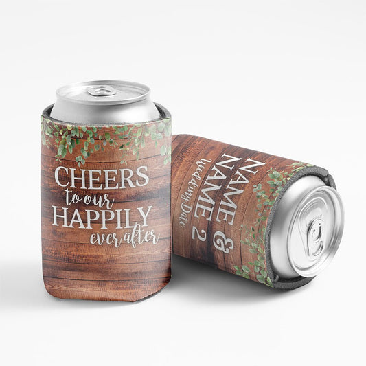 Custom Cheers to Our Happily Ever After Wedding Rustic Can Cooler