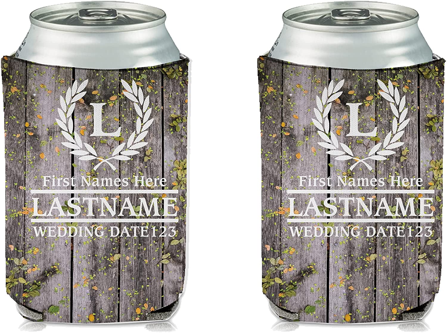 Custom Laurel And Initial Wedding Can Coolers (21225)