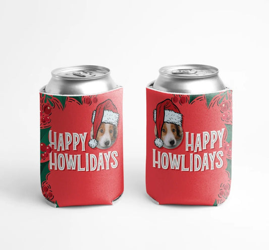 Custom Photo Howlidays Dog Can Cooler Set of 6, Happy Holidays Design Add your Pets Face, Fits 12 oz Cans