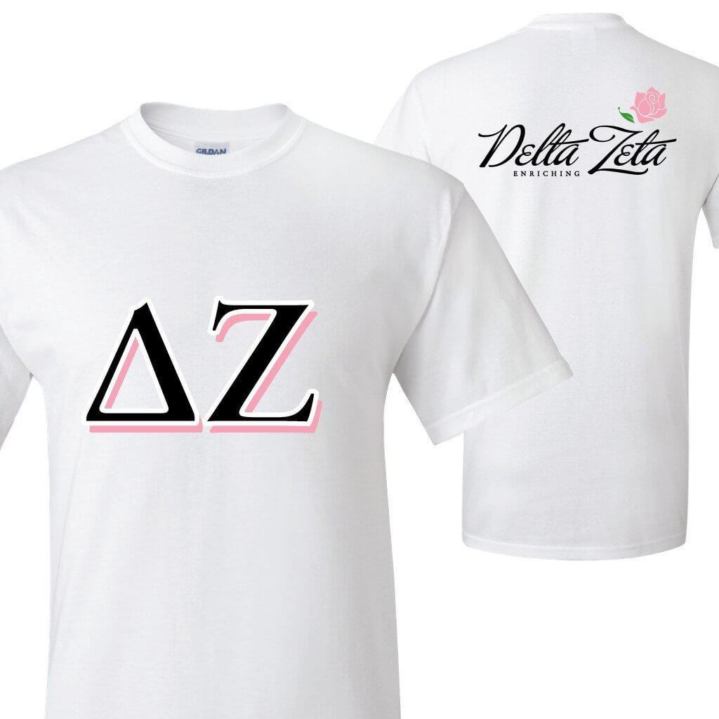 Delta Zeta - Greek Letters (front) Logo (back) T-Shirt - FREE SHIPPING