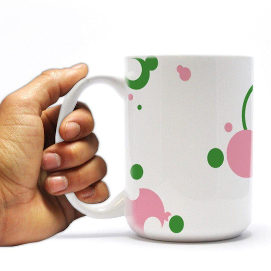 Delta Zeta 15oz Coffee Mug “ Pink and Green Bubble Design