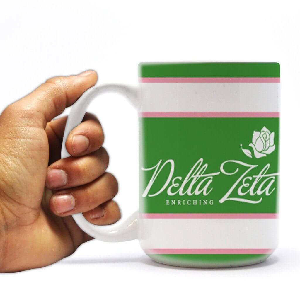Delta Zeta 15oz Coffee Mug “ Green Stripe with Rose
