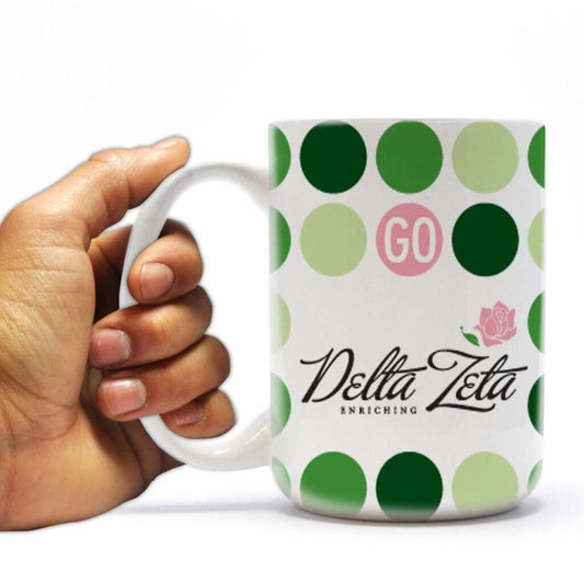 Delta Zeta 15oz Coffee Mug “ Go Delta Zeta! Polka Dots