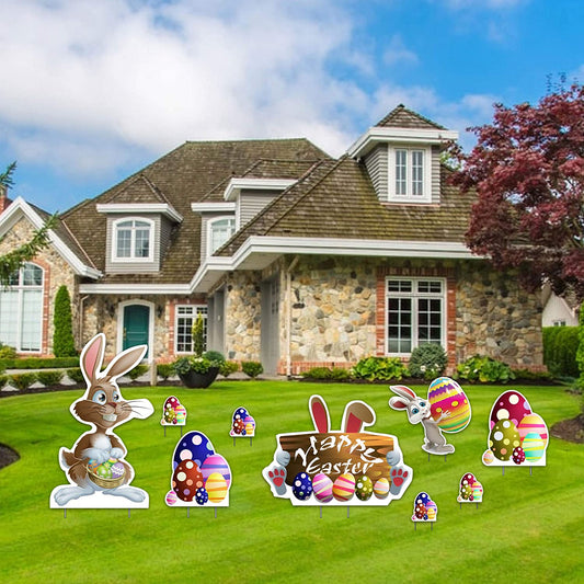Easter Bunnies, Egg Piles, Happy Easter Yard Sign with 18 short stakes