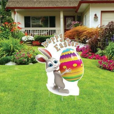 Easter Yard Decoration - "Happy Easter" Easter Bunny with Egg (Single with 3 short stakes