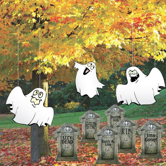 Halloween HANGING Lawn Decorations Corrugated Plastic Ghosts in Graveyard Set