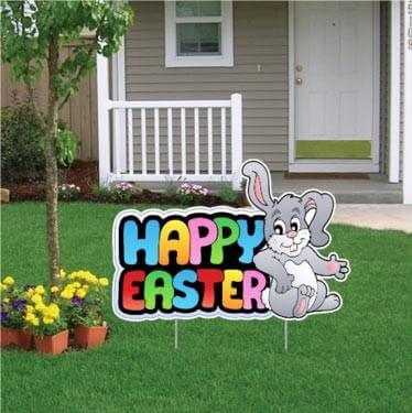 Easter Yard Decoration - "Happy Easter" with Gray Easter Bunny (single with 2 short stakes