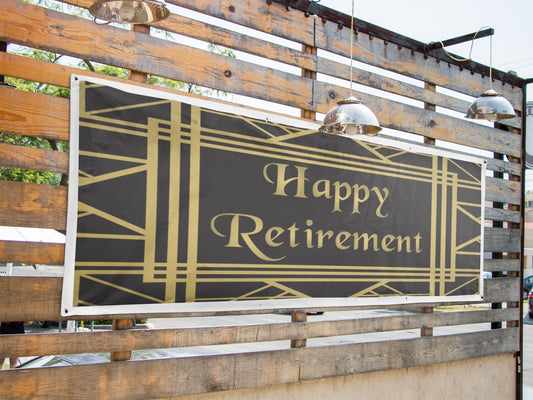 Happy Retirement Gold and Black 2'x4' Vinyl Banner