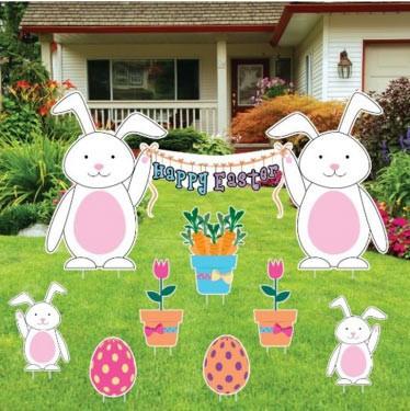 Happy Easter Easter Bunnies with Easter Eggs and Flowers Yard - FREE SHIPPING