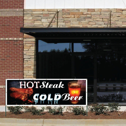 Hot Steaks, Cold Beer Vinyl Banner with Grommets