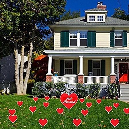 Just Married Red Heart Yard Decoration - 18 Flat Plain Hearts & 1 large heart