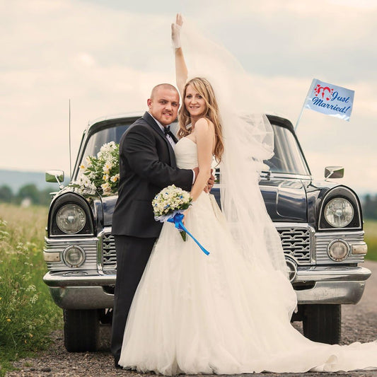 Just Married Car Flag Set | Decorative Blue Design | Pack of 2