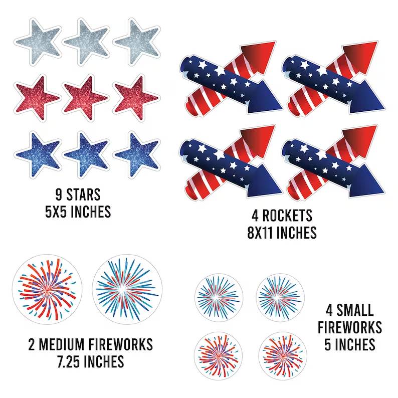 Magnetic Jumbo Patriotic Stars & Fireworks Accessories | 19pc Set