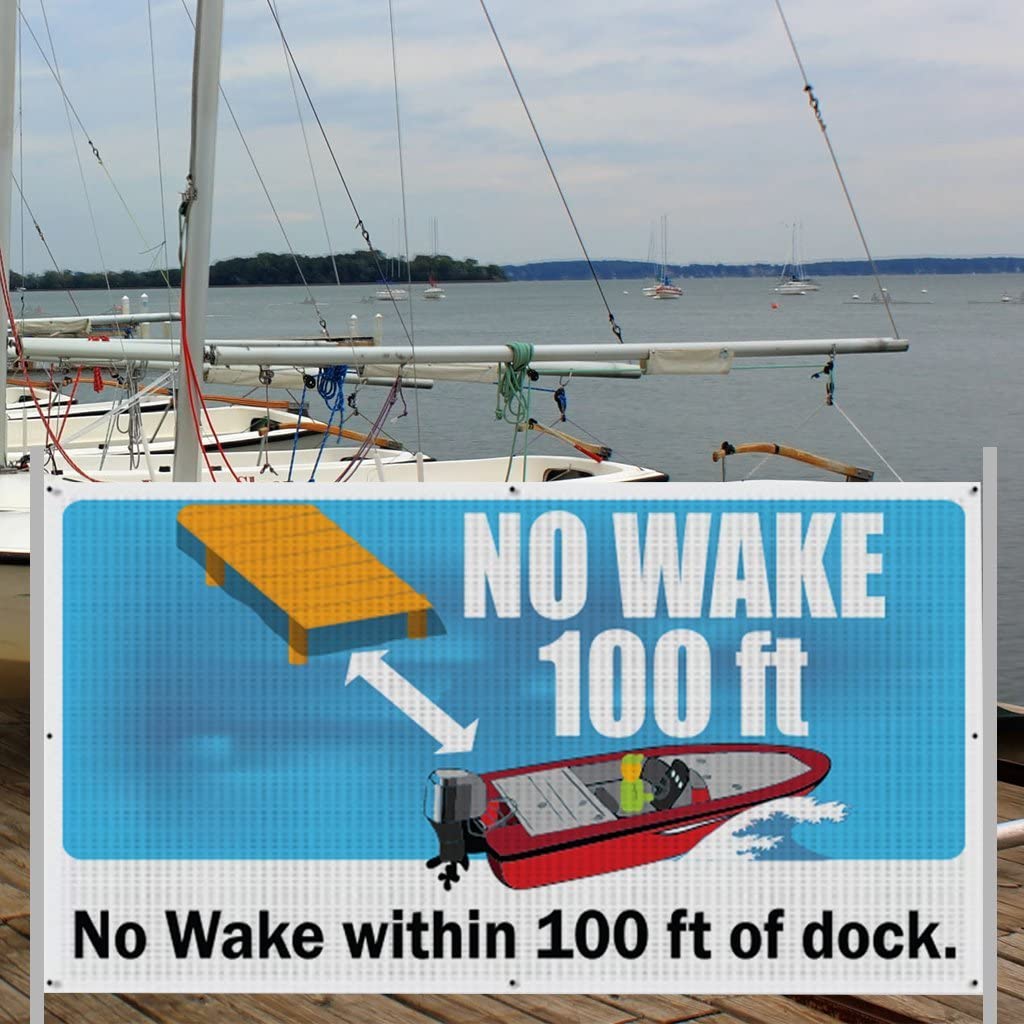 No Wake within Certain Feet of Dock Banner with Wind Resistant Mesh