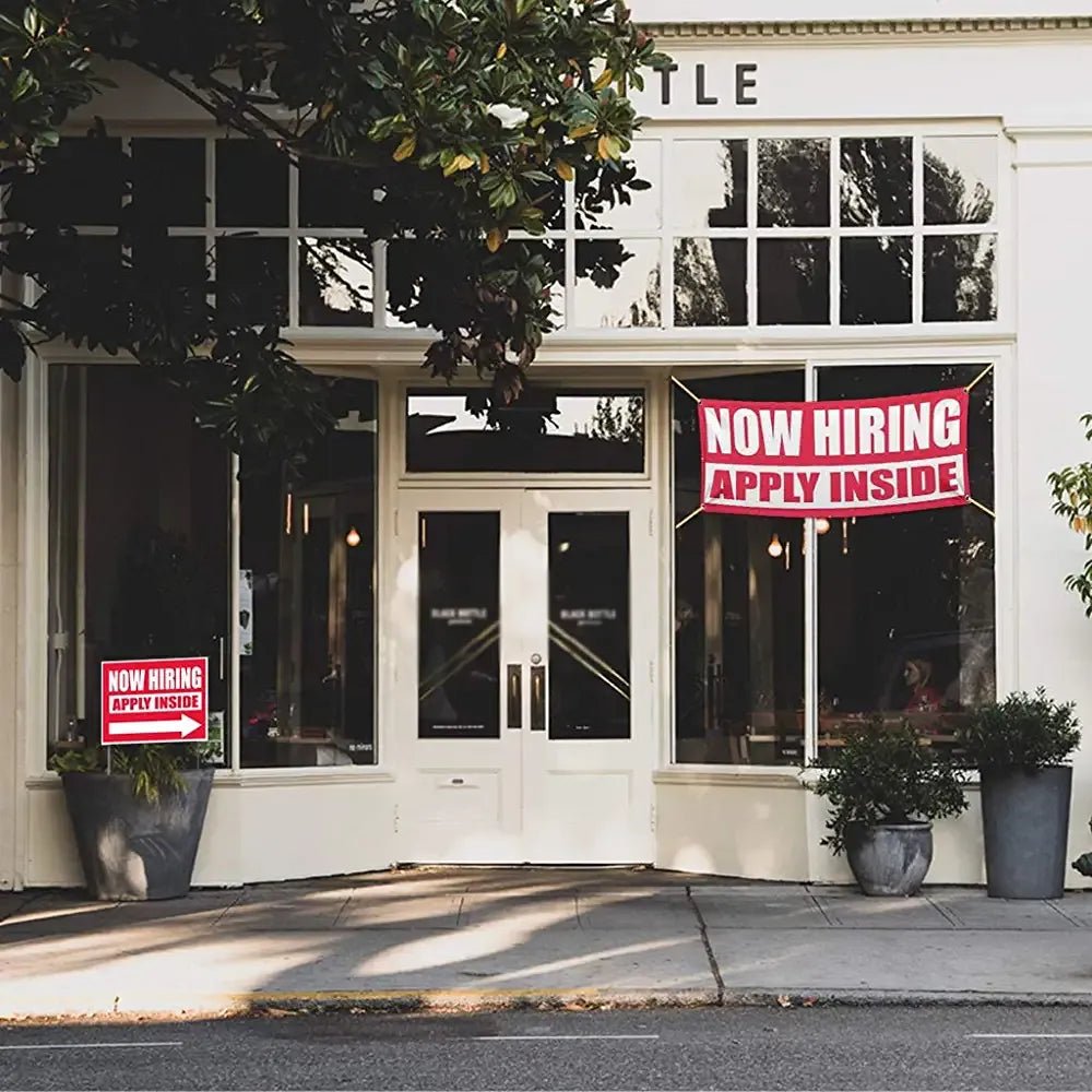 "NOW HIRING APPLY INSIDE" Banner and 2 Sign Set
