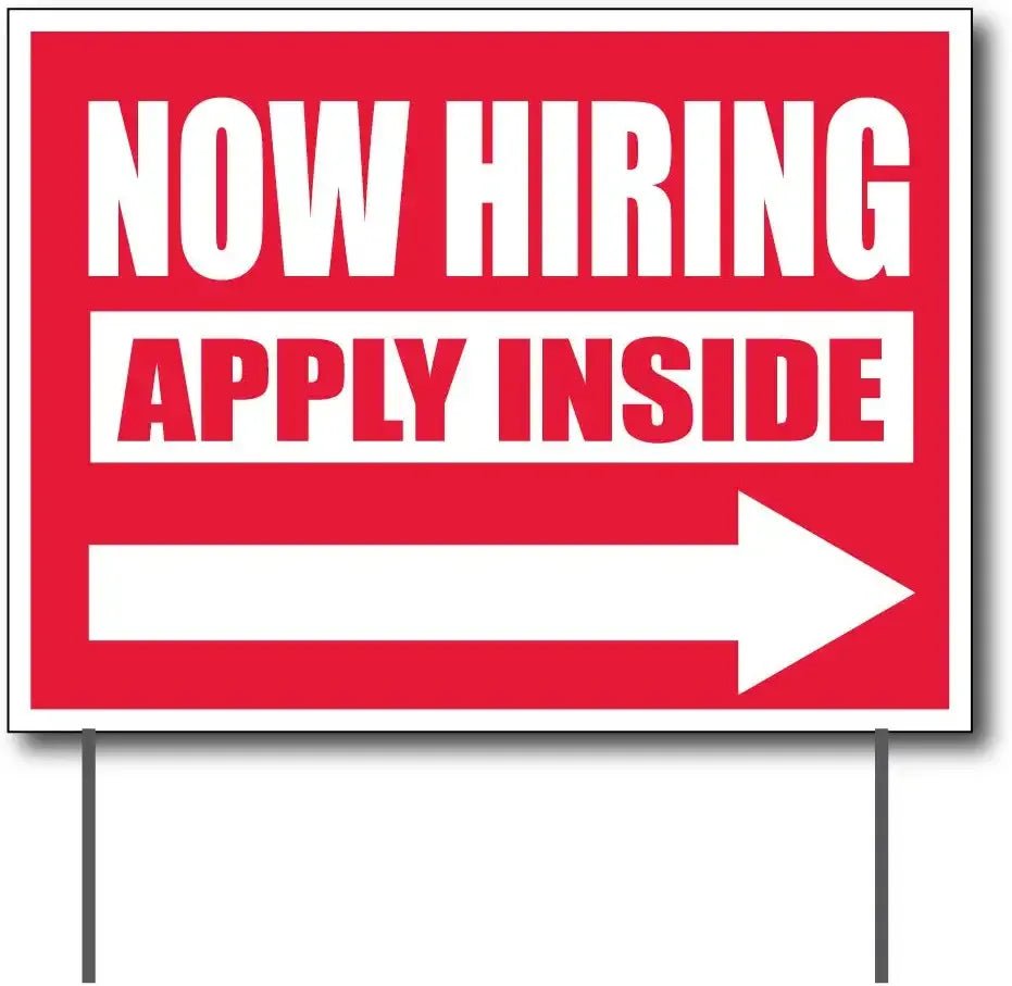 "NOW HIRING APPLY INSIDE" Banner and 2 Sign Set