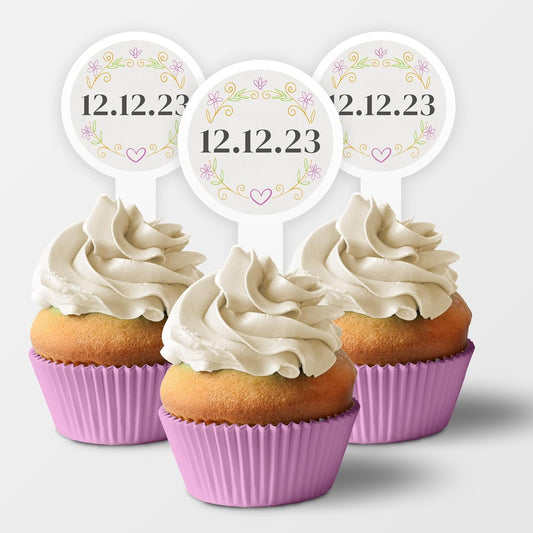Personalized Floral Wedding Date Cupcake Toppers
